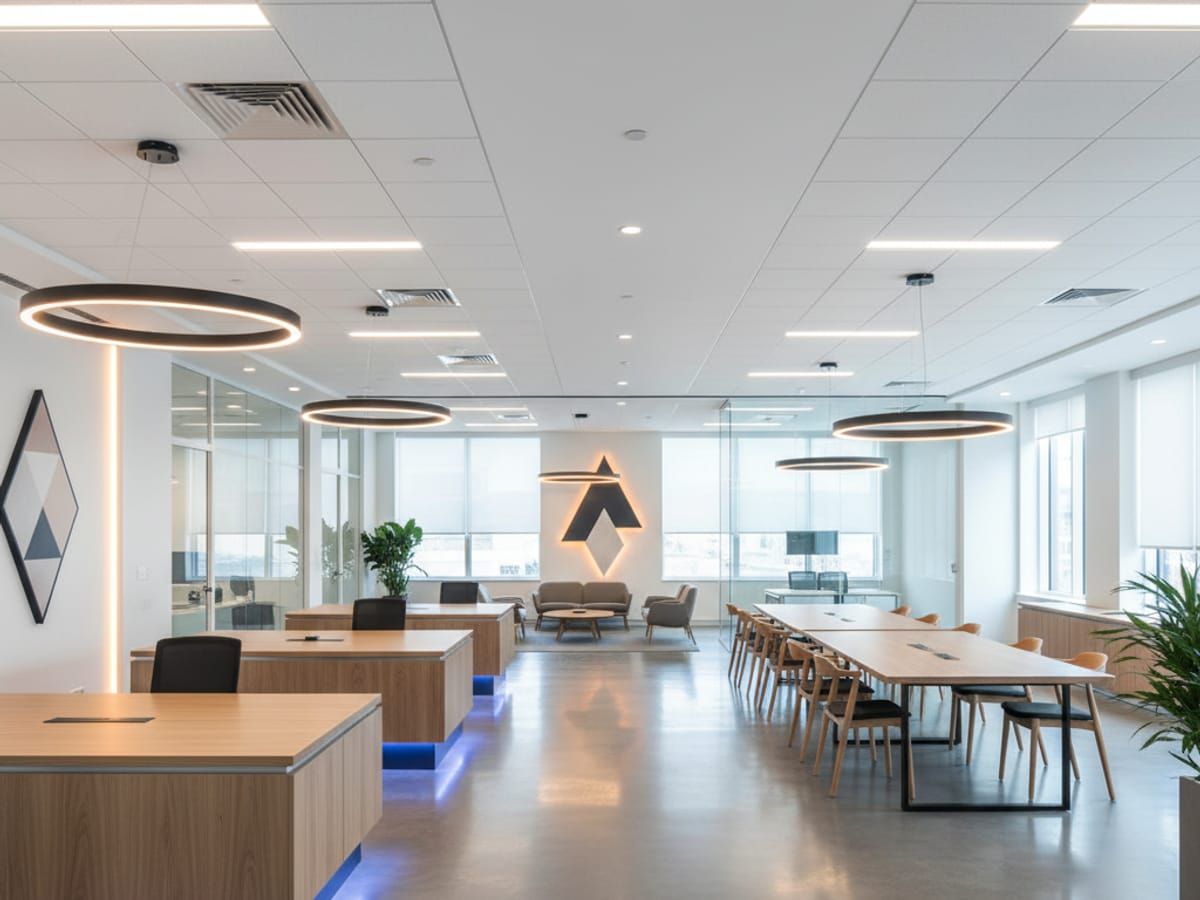 Modern commercial LED lighting installation in office space with energy-efficient fixtures