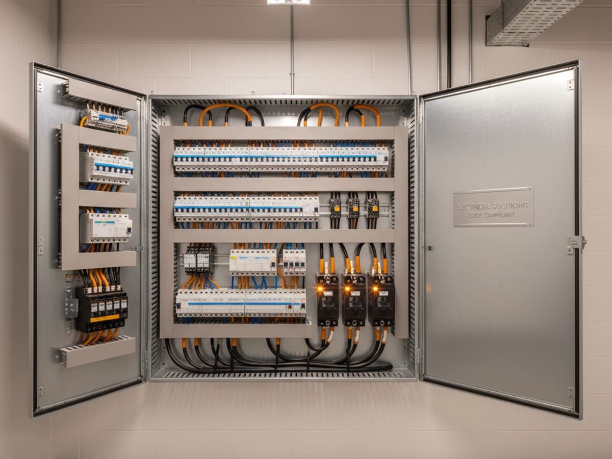 Modern commercial electrical panel upgrade with organized circuit distribution