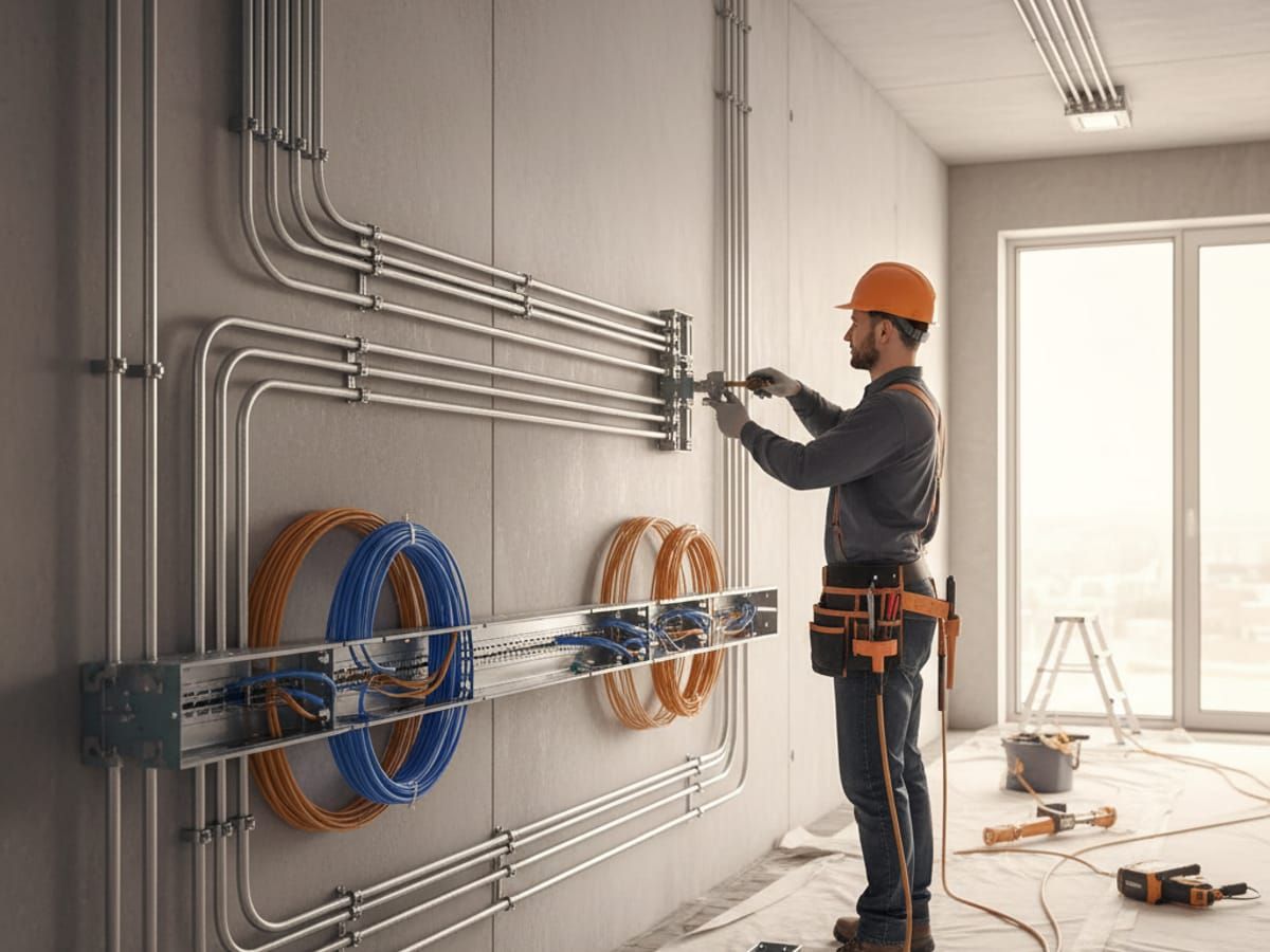 Professional commercial wiring installation showing organized conduit and electrical infrastructure