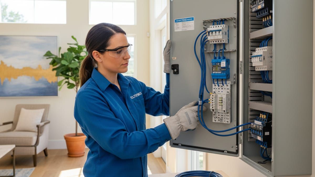 Professional electrician working on electrical panel in Sonoma County home