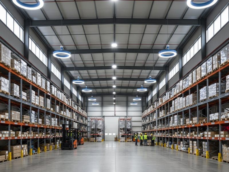 Industrial warehouse LED lighting retrofit installation with high-bay fixtures